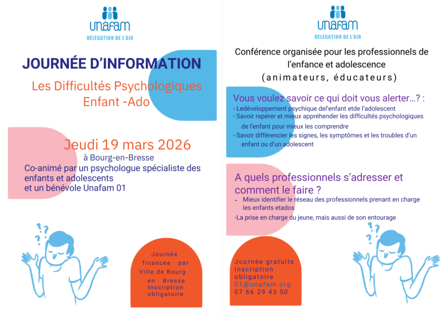 Journée d'information sur la santé mentale des jeunes à Bourg-en-Bresse le 19 mars 2026, organisée par l'UNAFAM