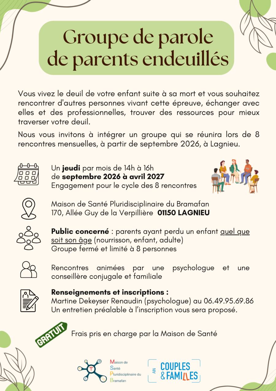 Flyer groupe de parole parents endeuillés Ain