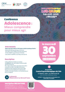 Conférence pour les professionnels "Adolescence : mieux comprendre pour mieux agir" le 30 septembre 2026 à Bourg-en-Bresse, Ain, organisée par la Coordination Santé Mentale de l'Ain. (CoSM 01)