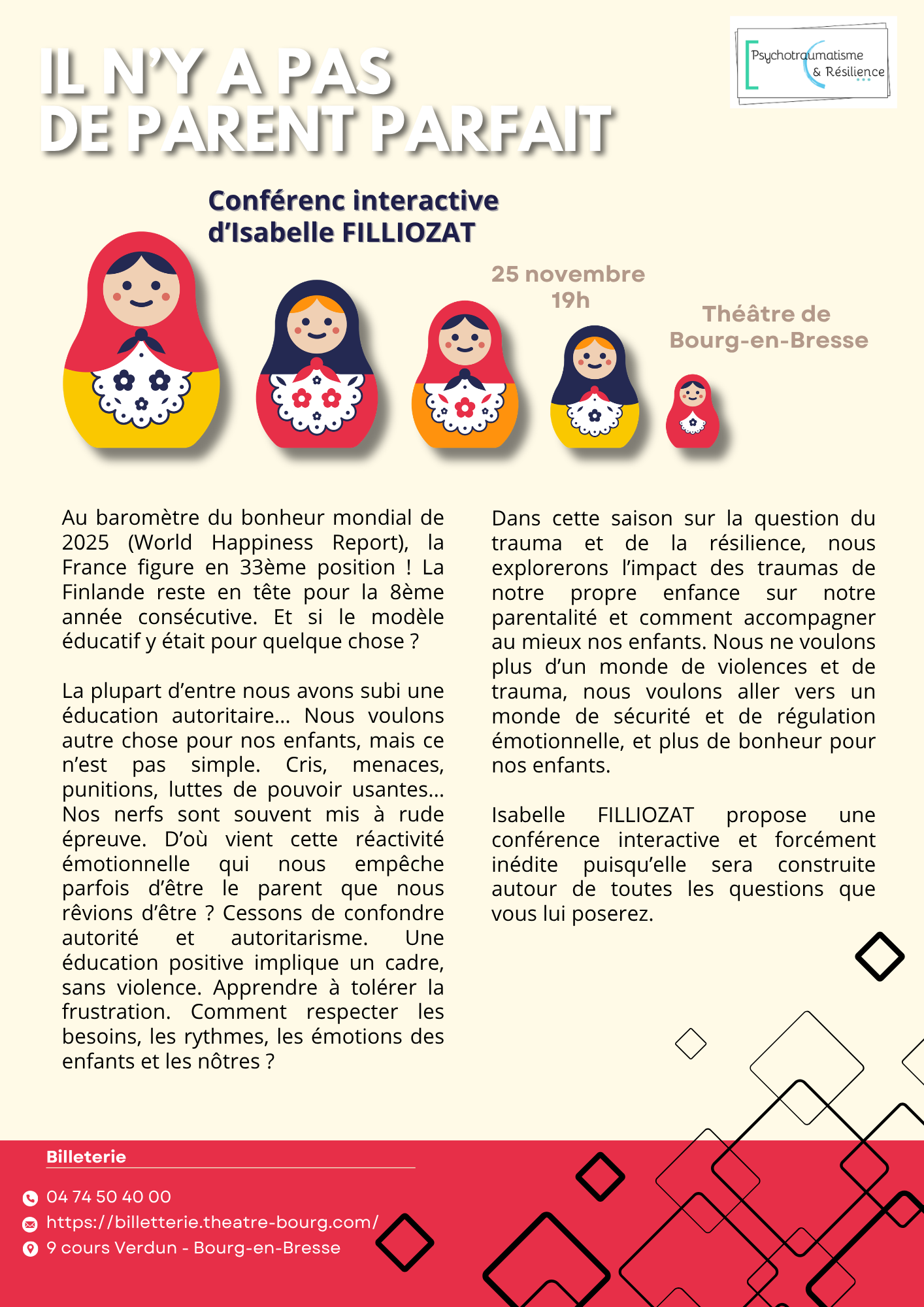 Flyer conférence "Il n'y a pas de parent parfait" le 25 novembre 2026 à Bourg-en-Bresse.