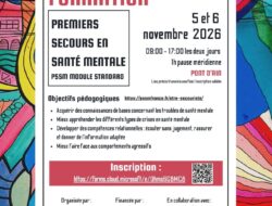 Flyer pour la formation en Premiers Secours en Santé Mentale à Pont-d'Ain dans l'Ain le 5 et le 6 novembre 2026
