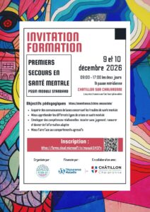 Flyer formation PSSM Châtillon-sur-Chalaronne Ain Flyer pour la formation en Premiers Secours en Santé Mentale à Châtillon-sur-Chalaronne dans l'Ain le 9 et le 10 décembre 2026