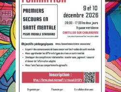 Flyer pour la formation en Premiers Secours en Santé Mentale à Châtillon-sur-Chalaronne dans l'Ain le 9 et le 10 décembre 2026